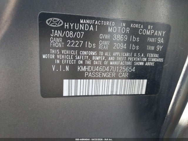 2007 Hyundai Elantra მანქანა იყიდება აუქციონზე, vin: KMHDU46D47U125654, აუქციონის ნომერი: 44904544