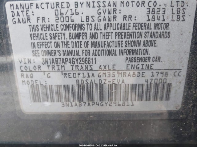 3N1AB7AP4GY296811 Nissan SENTRA SV