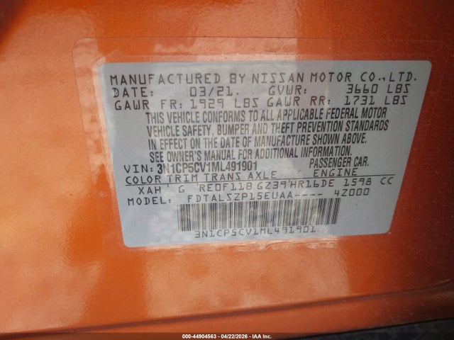 44904563 :رقم المزاد ، 3N1CP5CV1ML491901 vin ، 2021 Nissan Kicks Sv Xtronic Cvt مزاد بيع