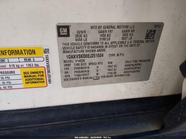 Продажа на аукционе авто 2014 Gmc Acadia Slt-2, vin: 1GKKVSKD8EJ251604, номер лота: 44904581