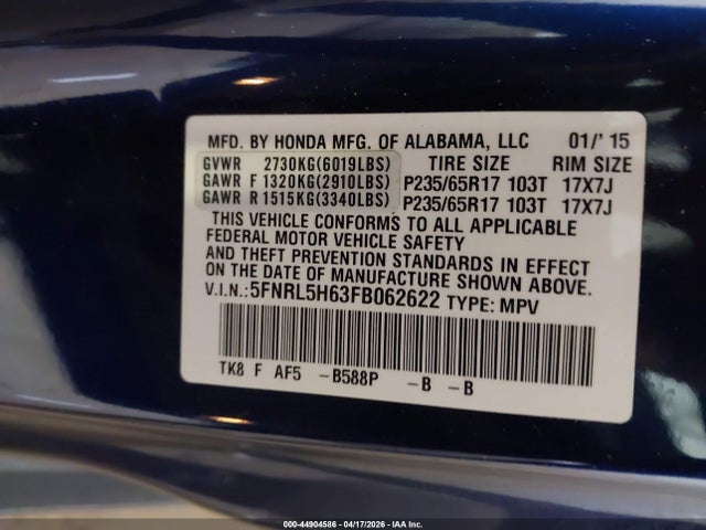 2015 HONDA ODYSSEY 5FNRL5H63FB062622 Photo 8