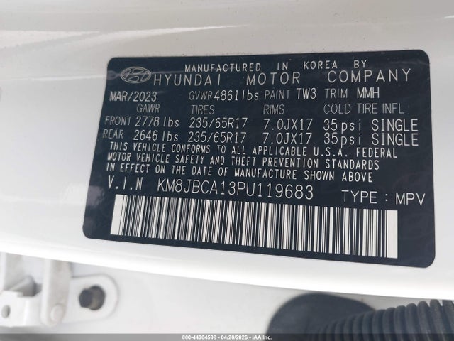 Aukcja sprzedaży 2023 Hyundai Tucson Hybrid Blue, vin: KM8JBCA13PU119683, numer aukcji: 44904598