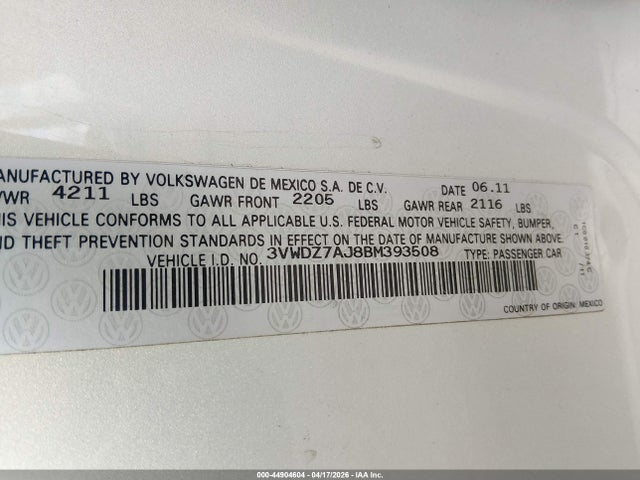 44904604 :رقم المزاد ، 3VWDZ7AJ8BM393508 vin ، 2011 Volkswagen Jetta 2.5l Se مزاد بيع
