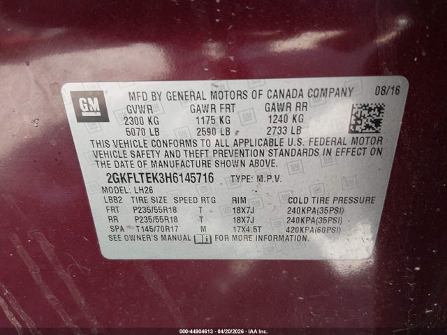 2017 Gmc Terrain Sle-2 მანქანა იყიდება აუქციონზე, vin: 2GKFLTEK3H6145716, აუქციონის ნომერი: 44904613