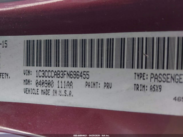 Auction sale of the 2015 Chrysler 200 Limited, vin: 1C3CCCAB3FN696455, lot number: 44904621
