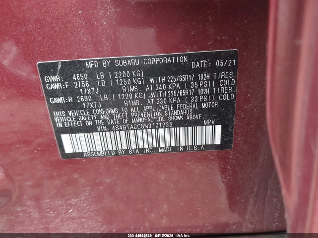 Aukcja sprzedaży 2022 Subaru Outback Premium, vin: 4S4BTACC8N3101235, numer aukcji: 44904649