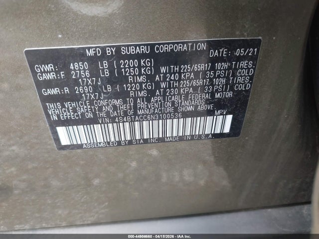 Aukcja sprzedaży 2022 Subaru Outback Premium, vin: 4S4BTACC6N3100536, numer aukcji: 44904660