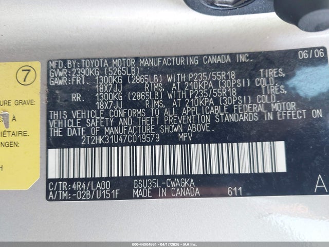 44904661 :رقم المزاد ، 2T2HK31U47C019579 vin ، 2007 Lexus Rx 350 مزاد بيع