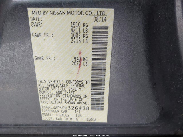 44904665 :رقم المزاد ، 1N4AL3AP4FN326488 vin ، 2015 Nissan Altima 2.5 S مزاد بيع