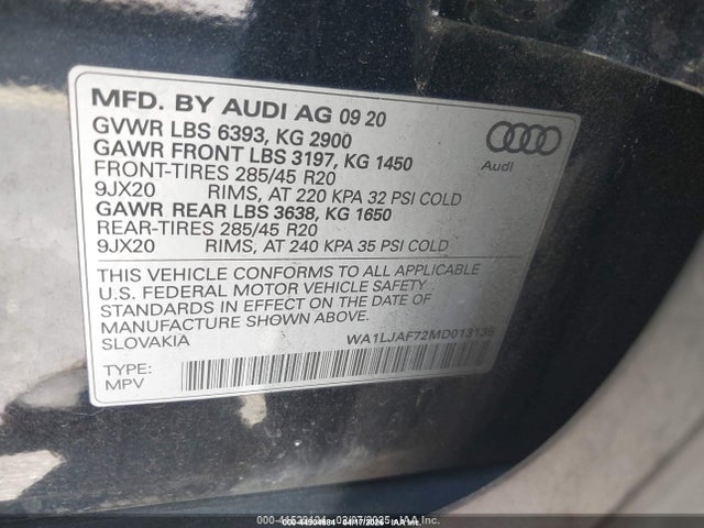 44904684 :رقم المزاد ، WA1LJAF72MD013135 vin ، 2021 Audi Q7 Premium Plus 45 Tfsi Quattro Tiptronic مزاد بيع