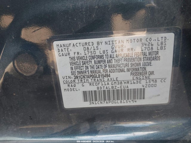44904686 :رقم المزاد ، 3N1CN7AP0GL815494 vin ، 2016 Nissan Versa 1.6 S/1.6 S+/1.6 Sl/1.6 Sv مزاد بيع
