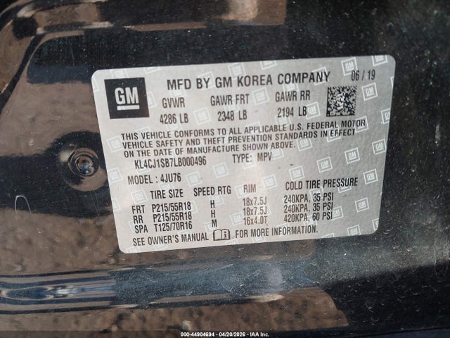 44904694 :رقم المزاد ، KL4CJ1SB7LB000496 vin ، 2020 Buick Encore Fwd Sport Touring مزاد بيع