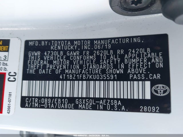 2019 Toyota Avalon Touring მანქანა იყიდება აუქციონზე, vin: 4T1BZ1FB7KU035591, აუქციონის ნომერი: 44904701
