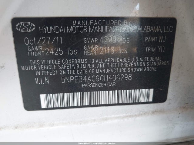 2012 Hyundai Sonata Gls მანქანა იყიდება აუქციონზე, vin: 5NPEB4AC9CH406298, აუქციონის ნომერი: 44904702
