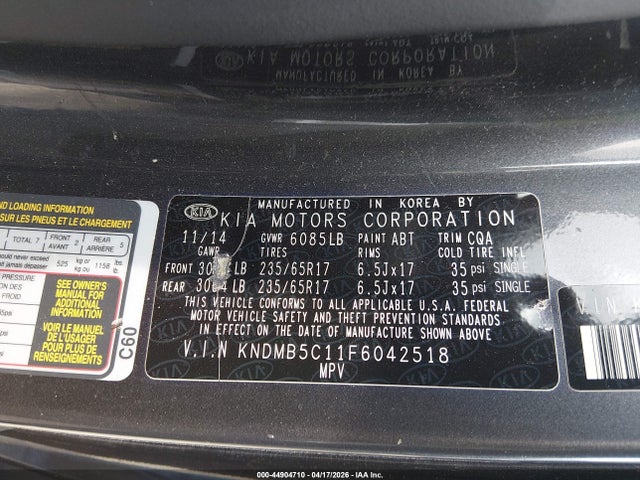 Продажа на аукционе авто 2015 Kia Sedona Lx, vin: KNDMB5C11F6042518, номер лота: 44904710