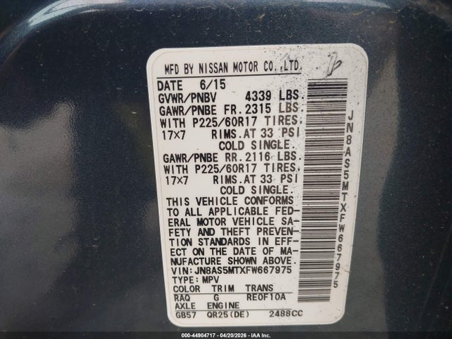 2015 Nissan Rogue Select S მანქანა იყიდება აუქციონზე, vin: JN8AS5MTXFW667975, აუქციონის ნომერი: 44904717