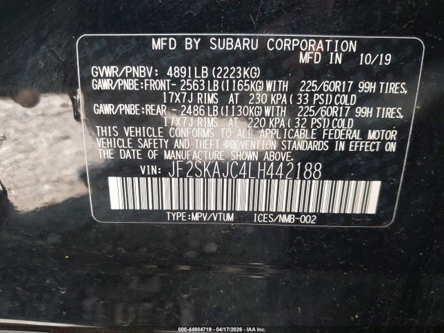 Aukcja sprzedaży 2020 Subaru Forester Premium, vin: JF2SKAJC4LH442188, numer aukcji: 44904719