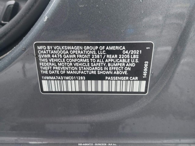 44904723 :رقم المزاد ، 1VWMA7A31MC011283 vin ، 2021 Volkswagen Passat 2.0t R-line مزاد بيع