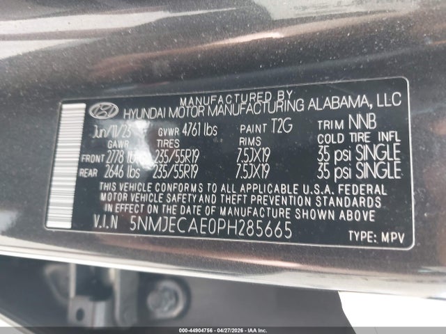 2023 Hyundai Tucson Limited მანქანა იყიდება აუქციონზე, vin: 5NMJECAE0PH285665, აუქციონის ნომერი: 44904756