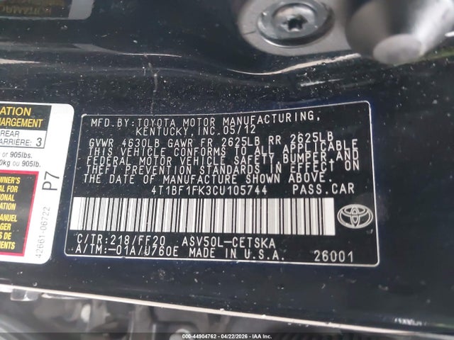 Aukcja sprzedaży 2012 Toyota Camry Se, vin: 4T1BF1FK3CU105744, numer aukcji: 44904762