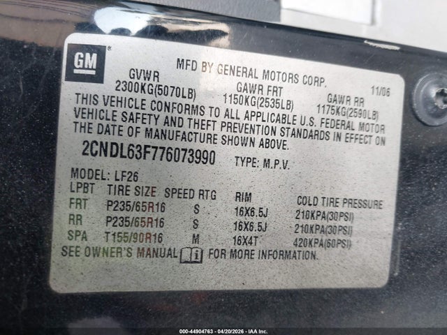 Продаж на аукціоні авто 2007 Chevrolet Equinox Lt, vin: 2CNDL63F776073990, номер лоту: 44904763