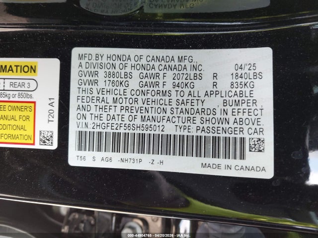 2025 Honda Civic Sport მანქანა იყიდება აუქციონზე, vin: 2HGFE2F56SH595012, აუქციონის ნომერი: 44904765