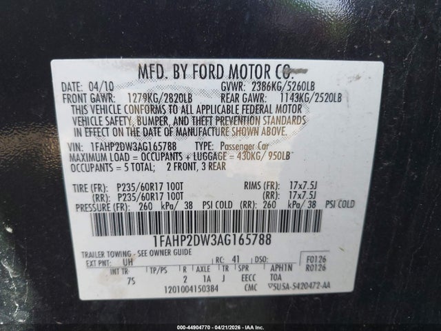 Aukcja sprzedaży 2010 Ford Taurus Se, vin: 1FAHP2DW3AG165788, numer aukcji: 44904770