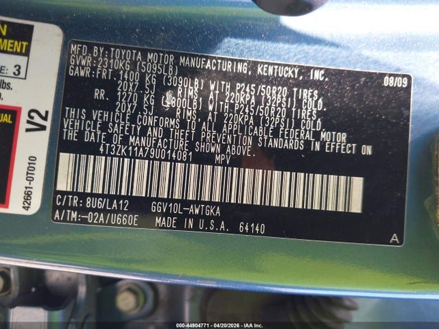Auction sale of the 2009 Toyota Venza Base V6, vin: 4T3ZK11A79U014081, lot number: 44904771