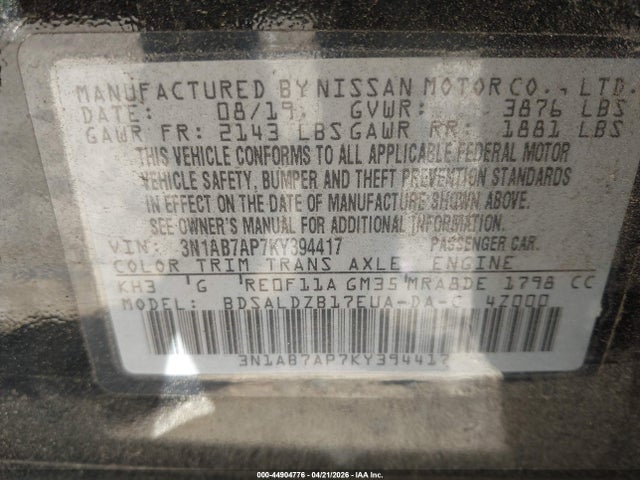 Продажа на аукционе авто 2019 Nissan Sentra Sv, vin: 3N1AB7AP7KY394417, номер лота: 44904776