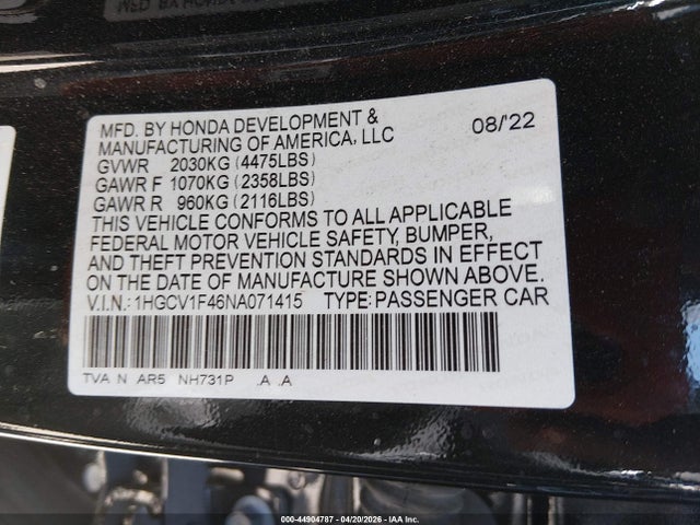 Aukcja sprzedaży 2022 Honda Accord Sport Special Edition, vin: 1HGCV1F46NA071415, numer aukcji: 44904787