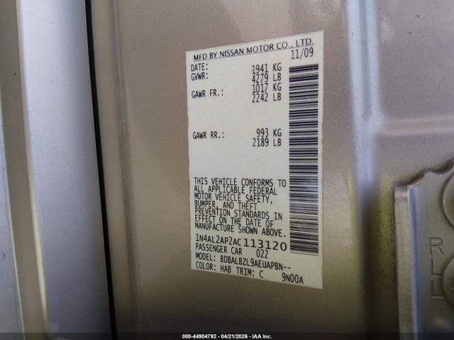 2010 Nissan Altima 2.5 S მანქანა იყიდება აუქციონზე, vin: 1N4AL2AP2AC113120, აუქციონის ნომერი: 44904792