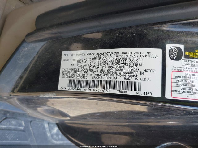 2005 Toyota Tacoma Base V6 მანქანა იყიდება აუქციონზე, vin: 5TEUU42N25Z055420, აუქციონის ნომერი: 44904794