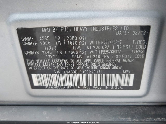 2014 Subaru Outback 2.5i Limited მანქანა იყიდება აუქციონზე, vin: 4S4BRBLC1E3228171, აუქციონის ნომერი: 44904796