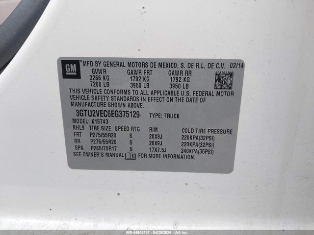 Aukcja sprzedaży 2014 Gmc Sierra 1500 Slt, vin: 3GTU2VEC6EG375129, numer aukcji: 44904797