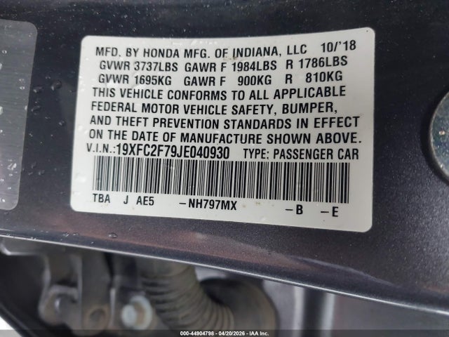 2018 Honda Civic Ex მანქანა იყიდება აუქციონზე, vin: 19XFC2F79JE040930, აუქციონის ნომერი: 44904798
