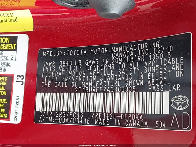 Продажа на аукционе авто 2010 Toyota Corolla Le, vin: 2T1BU4EE7AC360835, номер лота: 44904803
