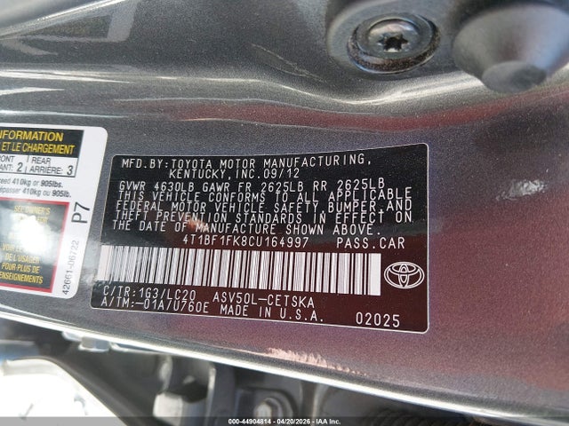 Aukcja sprzedaży 2012 Toyota Camry Se, vin: 4T1BF1FK8CU164997, numer aukcji: 44904814