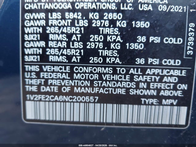 2022 Volkswagen Atlas Cross Sport 3.6l V6 Sel Premium R-line მანქანა იყიდება აუქციონზე, vin: 1V2FE2CA6NC200557, აუქციონის ნომერი: 44904827