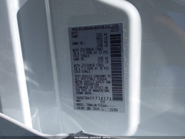 Продаж на аукціоні авто 2026 Nissan Rogue Sv, vin: 5N1BT3BA2TC718171, номер лоту: 44904830