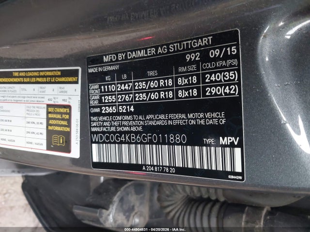 44904831 :رقم المزاد ، WDC0G4KB6GF011880 vin ، 2016 Mercedes-benz Glc 300 4matic مزاد بيع