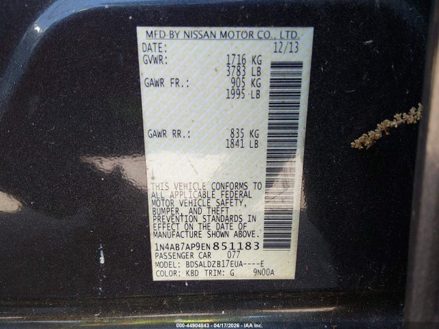 2014 Nissan Sentra Sv მანქანა იყიდება აუქციონზე, vin: 1N4AB7AP9EN851183, აუქციონის ნომერი: 44904843