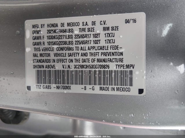 44904848 :رقم المزاد ، 3CZRM3H53GG709826 vin ، 2016 Honda Cr-v Ex مزاد بيع