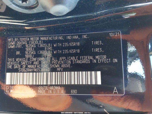 Aukcja sprzedaży 2022 Toyota Highlander Xle, vin: 5TDGZRAH1NS538840, numer aukcji: 44904850
