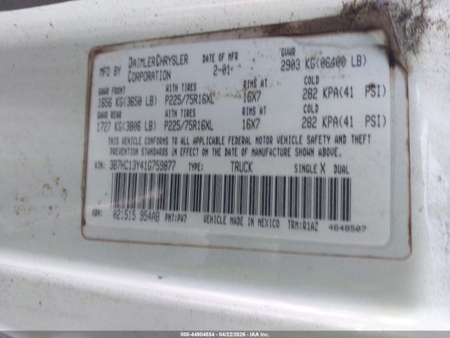 44904854 :رقم المزاد ، 3B7HC13Y41G759877 vin ، 2001 Dodge Ram 1500 St مزاد بيع