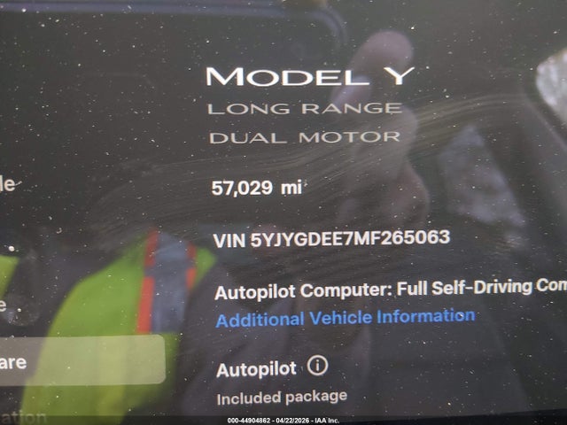 2021 Tesla Model Y Long Range Dual Motor All-wheel Drive მანქანა იყიდება აუქციონზე, vin: 5YJYGDEE7MF265063, აუქციონის ნომერი: 44904862