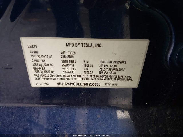 2021 Tesla Model Y Long Range Dual Motor All-wheel Drive მანქანა იყიდება აუქციონზე, vin: 5YJYGDEE7MF265063, აუქციონის ნომერი: 44904862