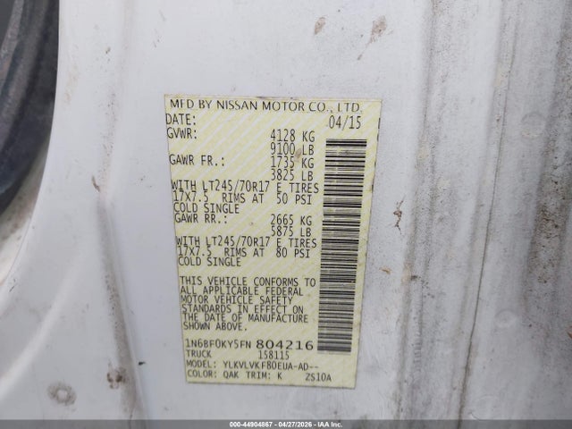 Продажа на аукционе авто 2015 Nissan Nv Cargo Nv2500 Hd Sl V6, vin: 1N6BF0KY5FN804216, номер лота: 44904867