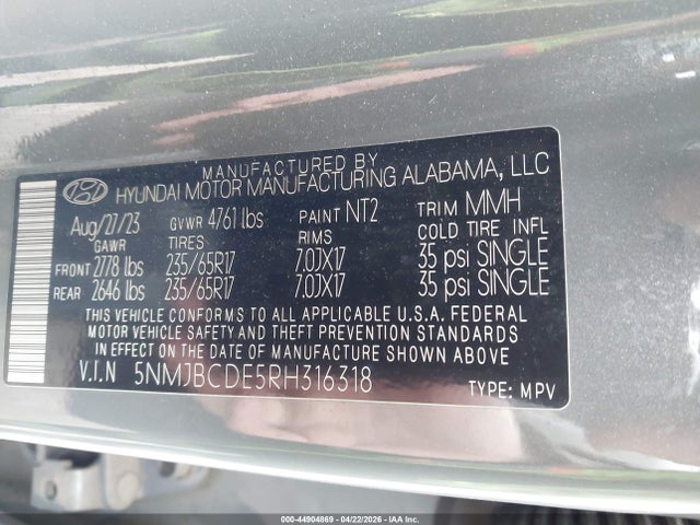 2024 Hyundai Tucson Sel მანქანა იყიდება აუქციონზე, vin: 5NMJBCDE5RH316318, აუქციონის ნომერი: 44904869