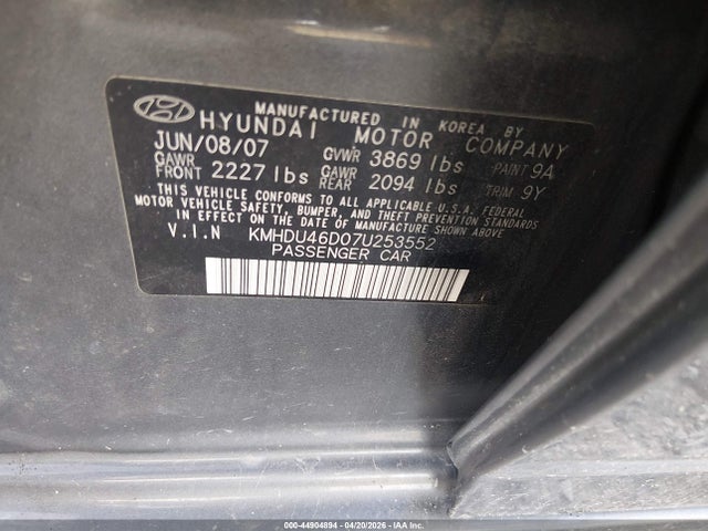 Aukcja sprzedaży 2007 Hyundai Elantra Gls/limited/se, vin: KMHDU46D07U253552, numer aukcji: 44904894