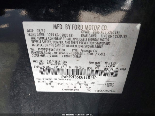 44904896 :رقم المزاد ، 1FAHP2F85KG118150 vin ، 2019 Ford Taurus Limited مزاد بيع